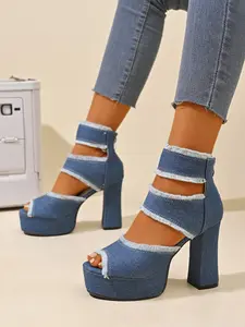 Summer New Denim Thick Heel Sandals for Women, Waterproof Platform Hollow Out Back Zipper Fish Mouth Roman Shoes, Large Size