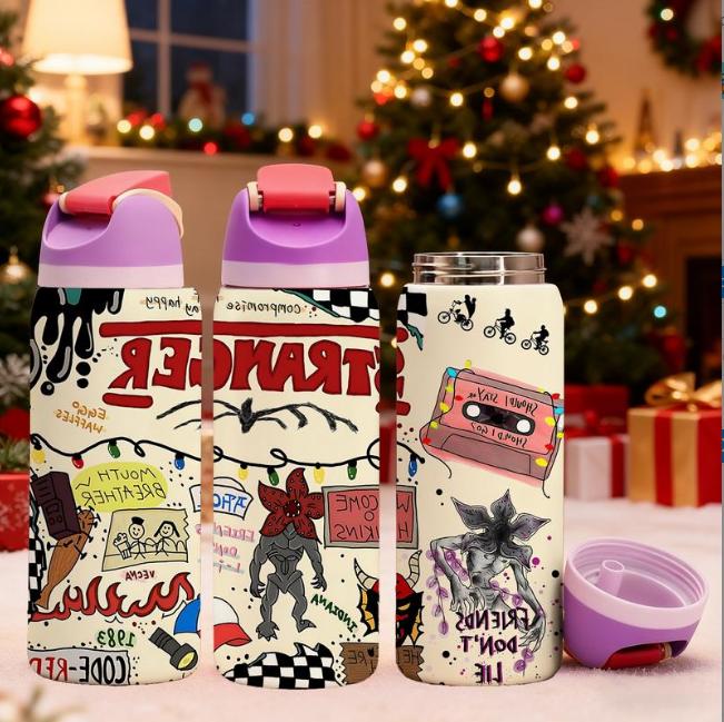 Insulated Stainless Steel Vacuum Mug with Colorful Stranger Design Leak-Proof Lid for Hot Cold Drinks Perfect for Daily Use