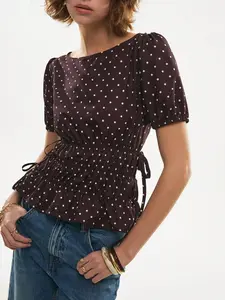 Polka Dot Pleated Peplum Top, Vintage Bubble Sleeve Drawstring Waist Adjustable Top, Retro Millennial Casual Commute Top, Elegant Slim Fit Top Blouse Shirts Womenswear
