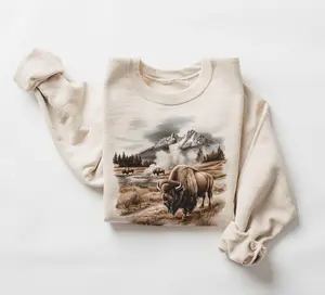 Retro Bison Roaming A Geyser Basin Sweatshirt - 90s Bull Buffalo Mountain Wilderness Scene Outfit - Boho Unisex Crewneck Sweatshirt