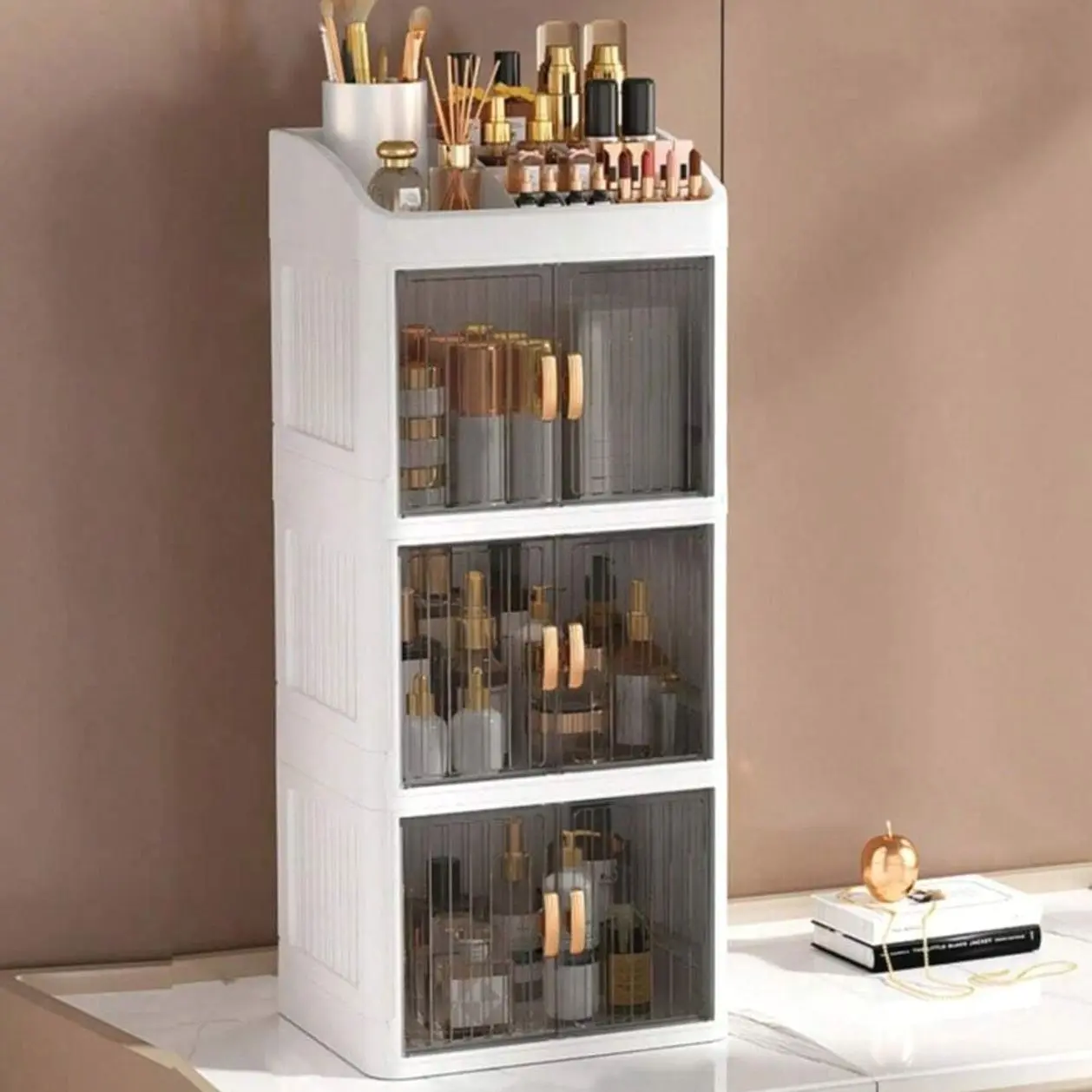 1pc Vanity Makeup Storage Box, Foldable & Sliding Door Design, Clear Cover Cosmetic Display Cabinet, Large Capacity Skincare