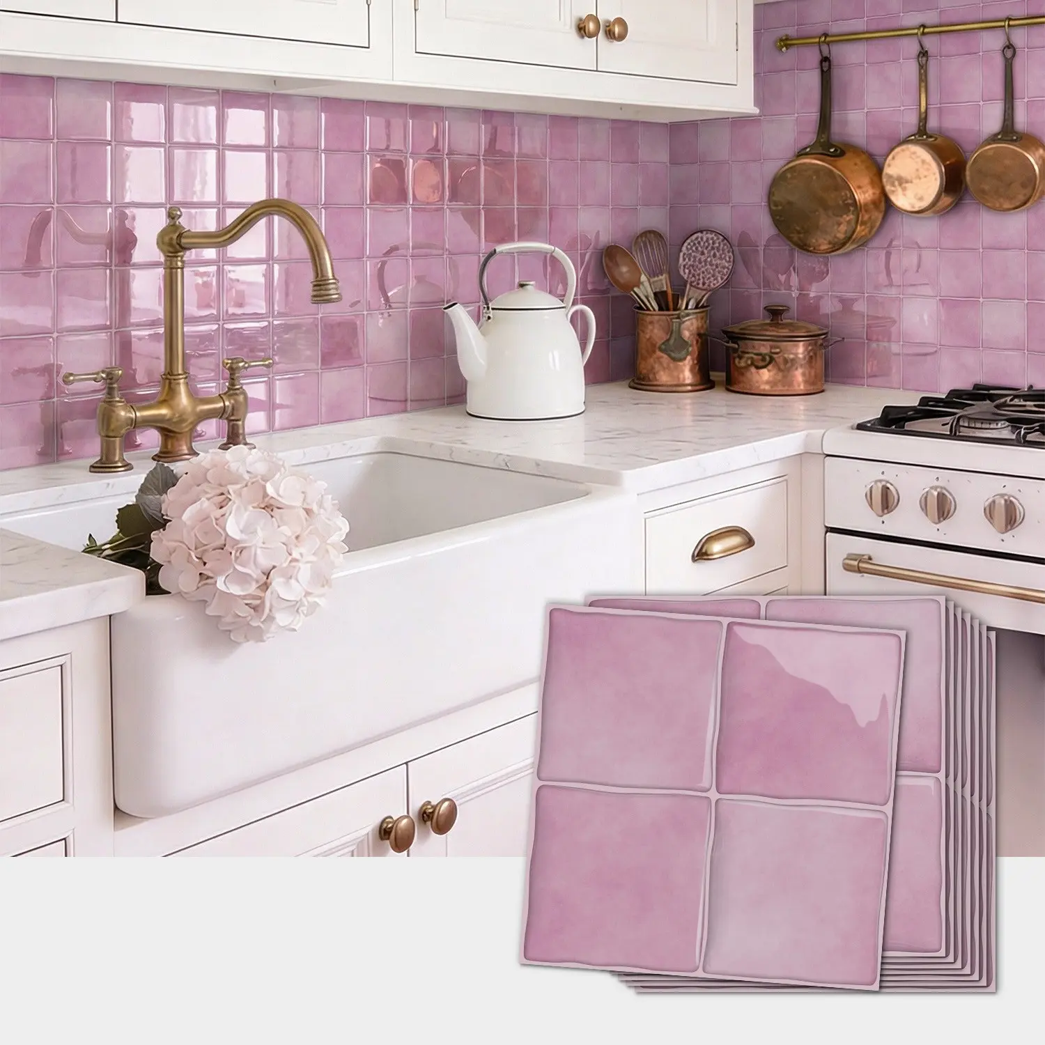 French, Antique style cherry blossom pink epoxy glossy three-dimensional self-adhesive decorative tile stickers, peel and stick, strong, waterproof, wear-resistant splash guard, suitable for kitchen, bathroom, living room, fireplace - 15.25x15.25cm