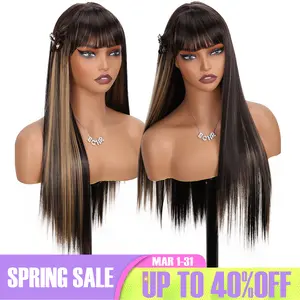 Purple Long Straight Wig with Bangs Realistic Glueless Synthetic Fiber Wig for Women Soft Silky Daily Wear Spring Statement