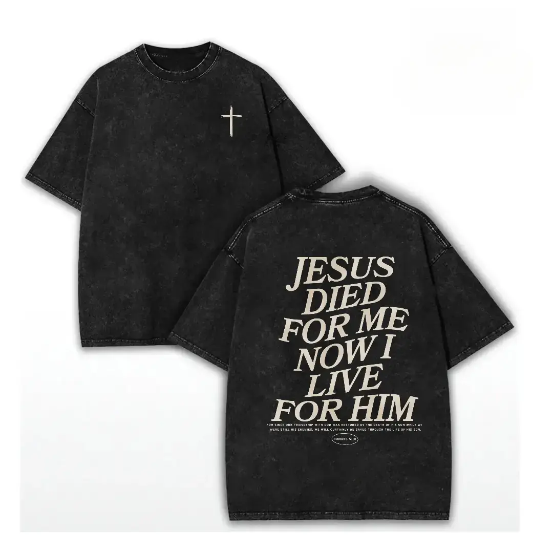 180g[100%cotton]Acid Wash Christian Shirt  Retro Washed T-  Shirt  Double Sided Printed 230 Pure Cotton Jesus Died For Me Now I Live For Him Letter Print  Gift Men's Casual Comfortable y2k Vintage Streetwear Festive Top