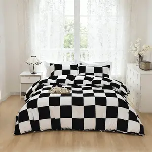 Modern minimalist black-and-white checkerboard geometric 3-piece bedding set (1 duvet cover + 2 pillowcases), no filling, durable, soft and comfortable, perfect bedroom decoration.