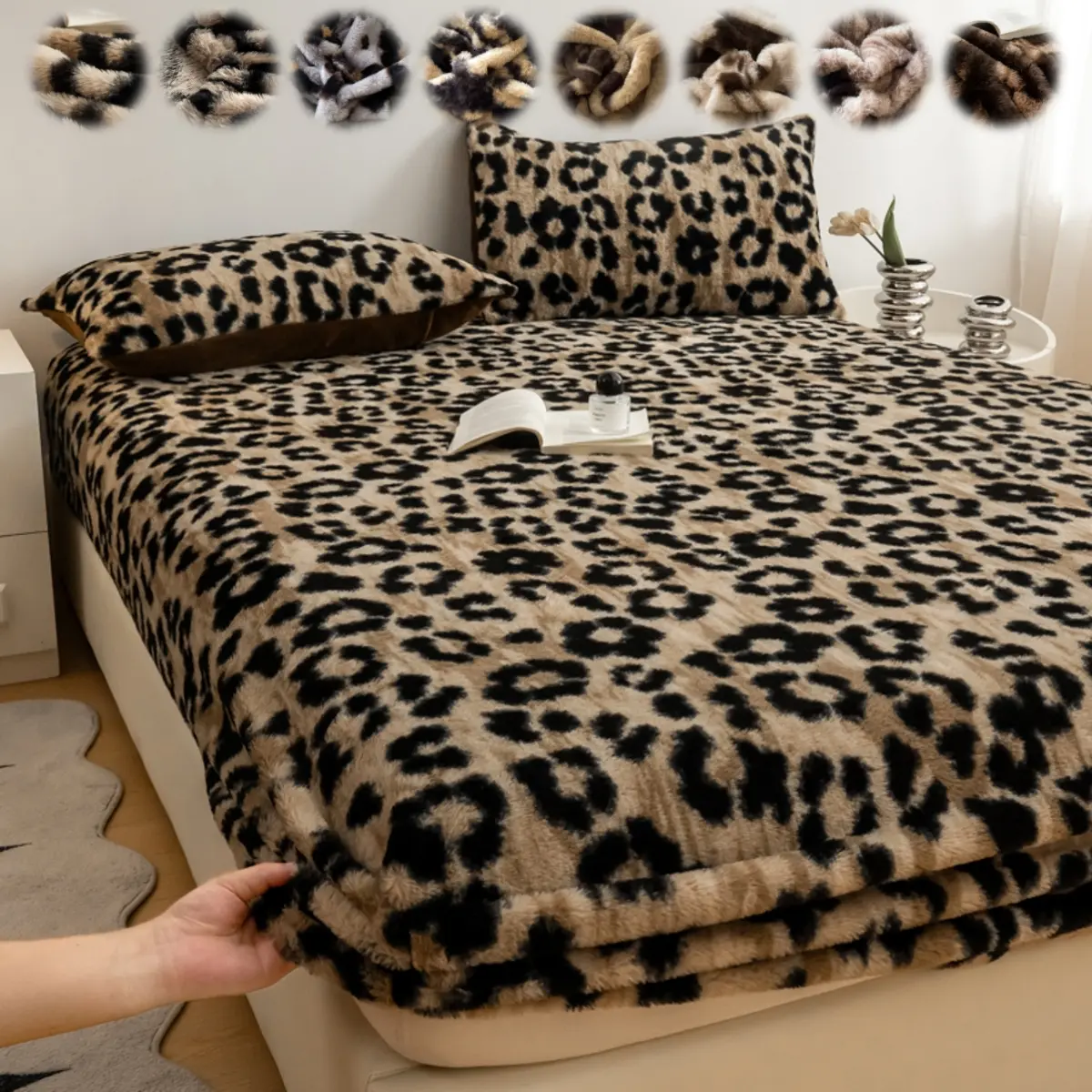 Luxury Faux Rabbit Fur Fitted Sheet, Bed Linens – Leopard/Tiger Print, Soft Warm Cozy Touch Solid Color Bedding Bed Sheets, Set with 1 Fitted Sheet or 2 Pillowcases, All-Season Use, Perfect for Home Décor, Ideal Christmas Gift