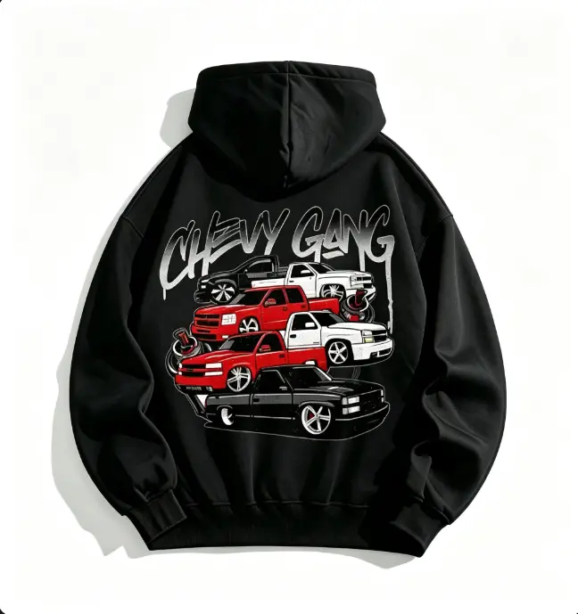 Men's Streetwear 270g Fleece Hoodie Chevrolet Gang Pattern Hoodie – Retro Classic Truck Theme Casual Men's Top, Gift for Him, Patterned Hoodie Cotton Menswear
