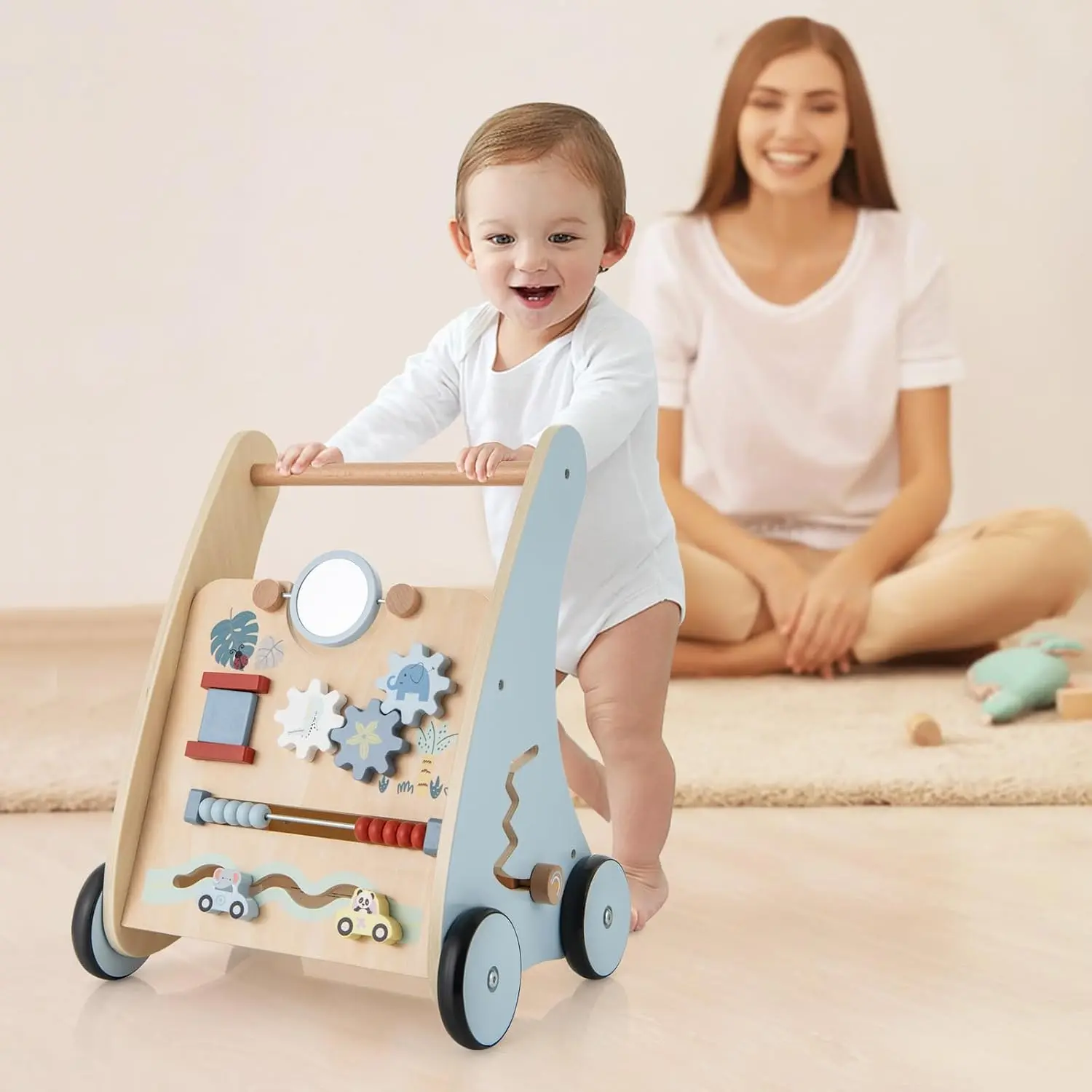 Push Walker, Wooden Infant Walker Activity Center with Shape Sorter, Develop Motor Skills & Creativity, Push Toys for kids Learning to Walk, Gift for Boys and Girls, Blue