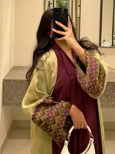 L133（1-Piece Olive Green Linen-Blend Open Abaya with  Geometric Print Cuffs, Casual Modest Muslim Kimono Outerwear）