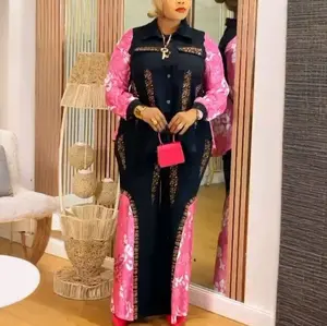 Women's Two-Piece Set - Pink and Black Embroidered Button-Up Top & Matching Pants - Stylish Comfortable Outfit for Everyday Wear