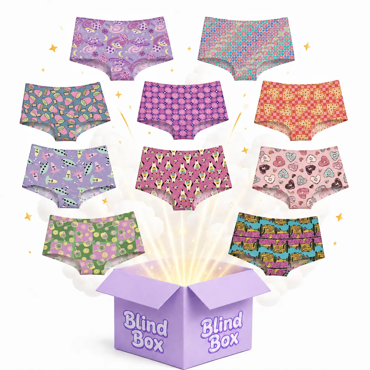 10-Pcs（ Boyshorts) Women's Fun Boxer Briefs — Featuring a seamless design, full coverage for everyday comfort, and a mix of random, delightful patterns.