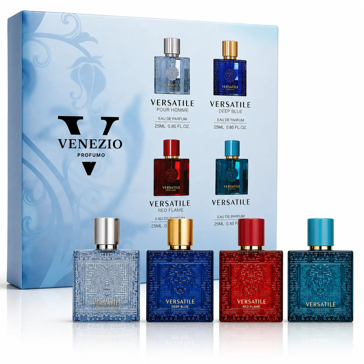 V VENEZIO PROFUMO Versatile Men Mini 4-Piece Fragrance Gift Set for Men - Aromatic, Floral, Oriental & Woody Notes - Travel Size - 4 x 25ml Eau De Parfum, Long lasting and Travel Perfume Cologne for Men