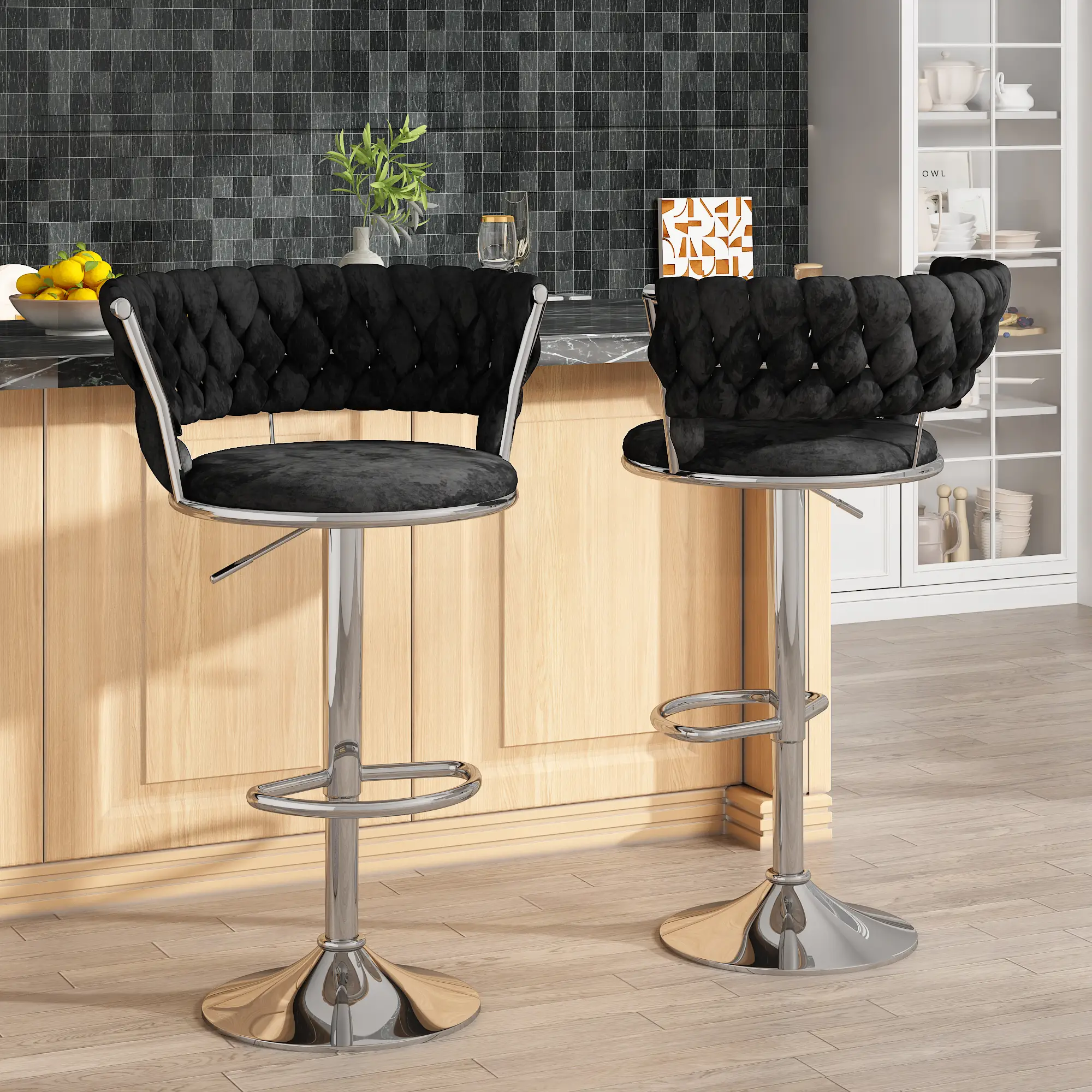 AWQM Velvet Bar Stools Set of 2, Minimalist Bar Chairs with Adjustable Height, Upholstered Kitchen Island Chairs, Beige, Black, Grey