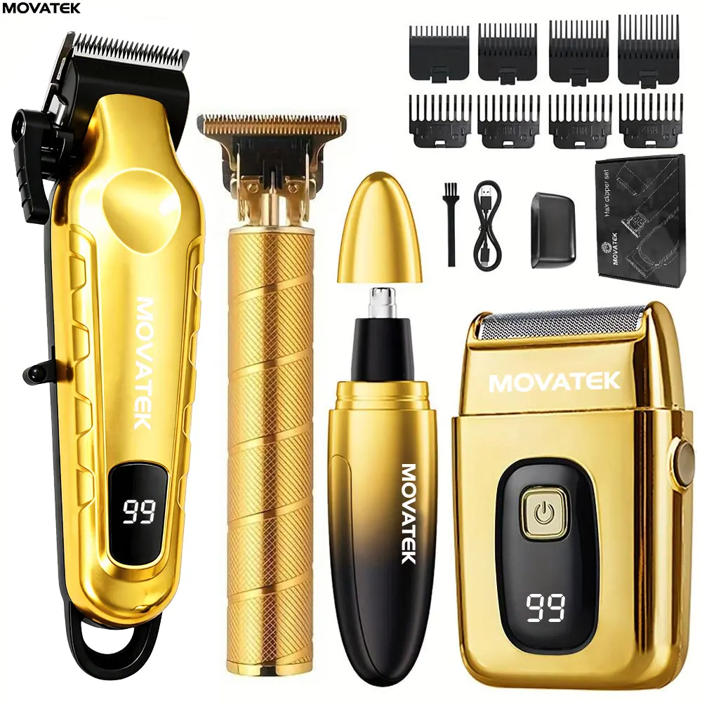 Men's 3-4-Piece Gold Professional Clipper & Trimmer & Razor   Kit, USB Rechargeable Barber Cutting Set with Nose Trimmer, Shaver,  LCD Display, Adjustable Blade, Cordless Design for Face & Body, For Birthday Gift,Father's Day