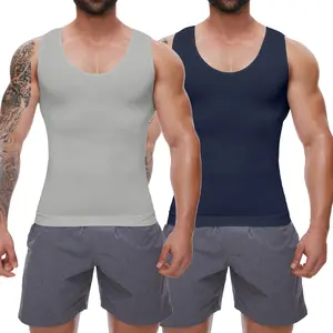 2 Pack Menswear Body Shaper Compression Tank Top Underwear Vest Stretchy Workout Casual Shapewear Tummy Control Undershirt Breathable Soft Yoga Sports Fitness Outfits Gym Stylish