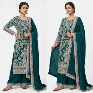 Women's Embroidered Long Cotton Panjabi - Top-Quality Lace-Sleeve Asian Modest Dress, 3 Color Options, Premium Fabric for Indian-Pakistani Wear
