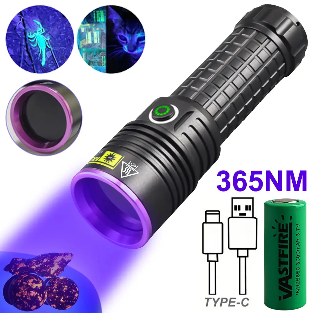 VASTFIRE 30W 365nm High Performance Flashlight - Aluminum Compact 3-LED USB-C Rechargeable Portable UV Lamp Torch for Leak Detection, Counterfeit Bill Identification, Uv Lamp Torches, Led Rechargeable Flashlights