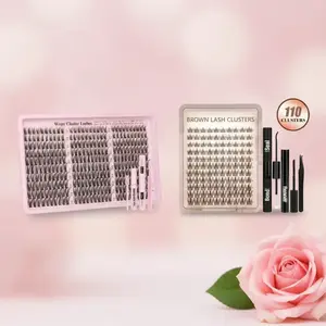 Eyelash Extension Kits Bundle, DIY Eyelash Clusters, 2 Sets, Brown D Curl Mixed Lengths 10-16mm with Glue, Remover, Tweezers, Brush, 100g Pink and Black Adhesive Sets