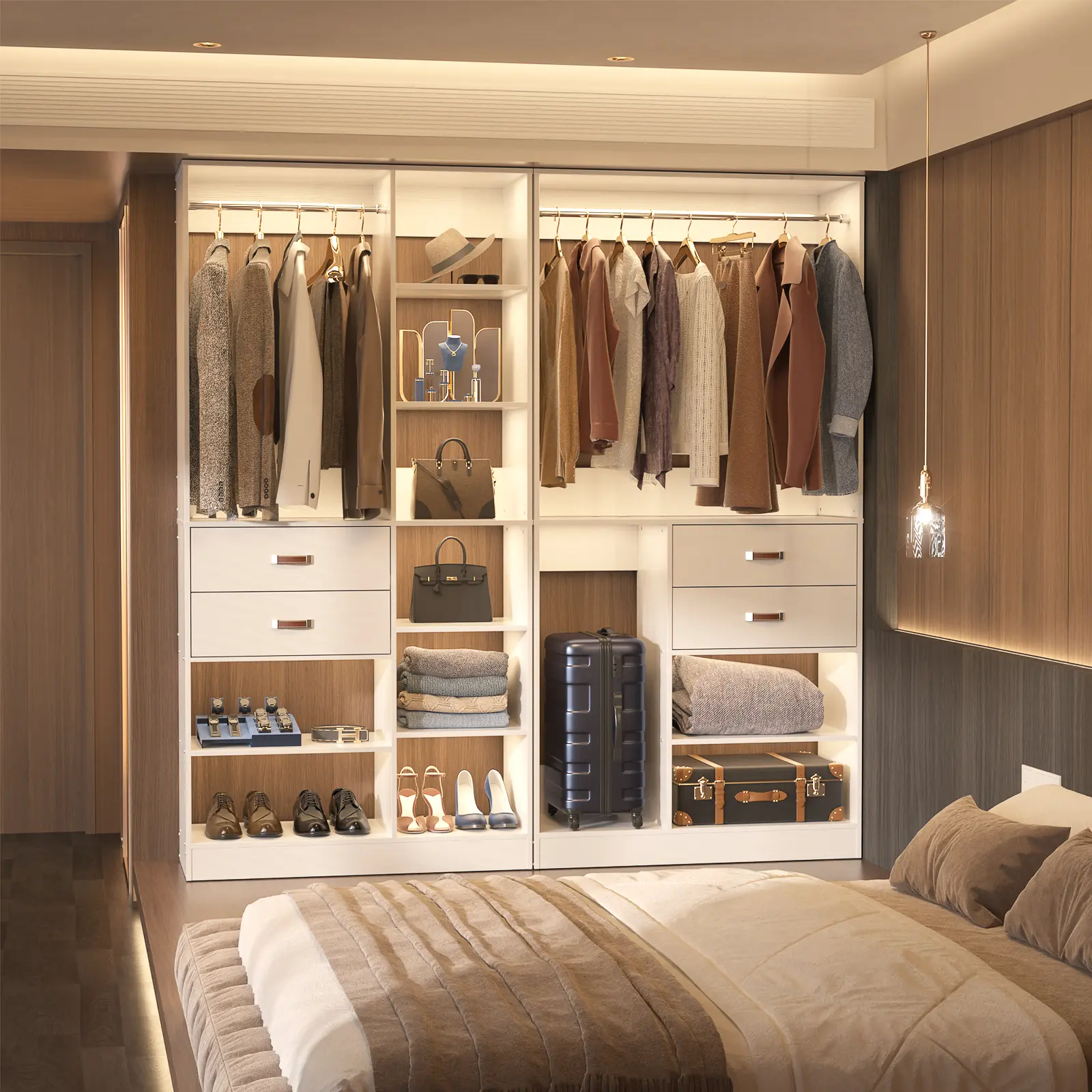 Armocity Closet System 39''W Closet Wood 2 Wood Drawers Wardrobe Rack with Metal Hanging Rods