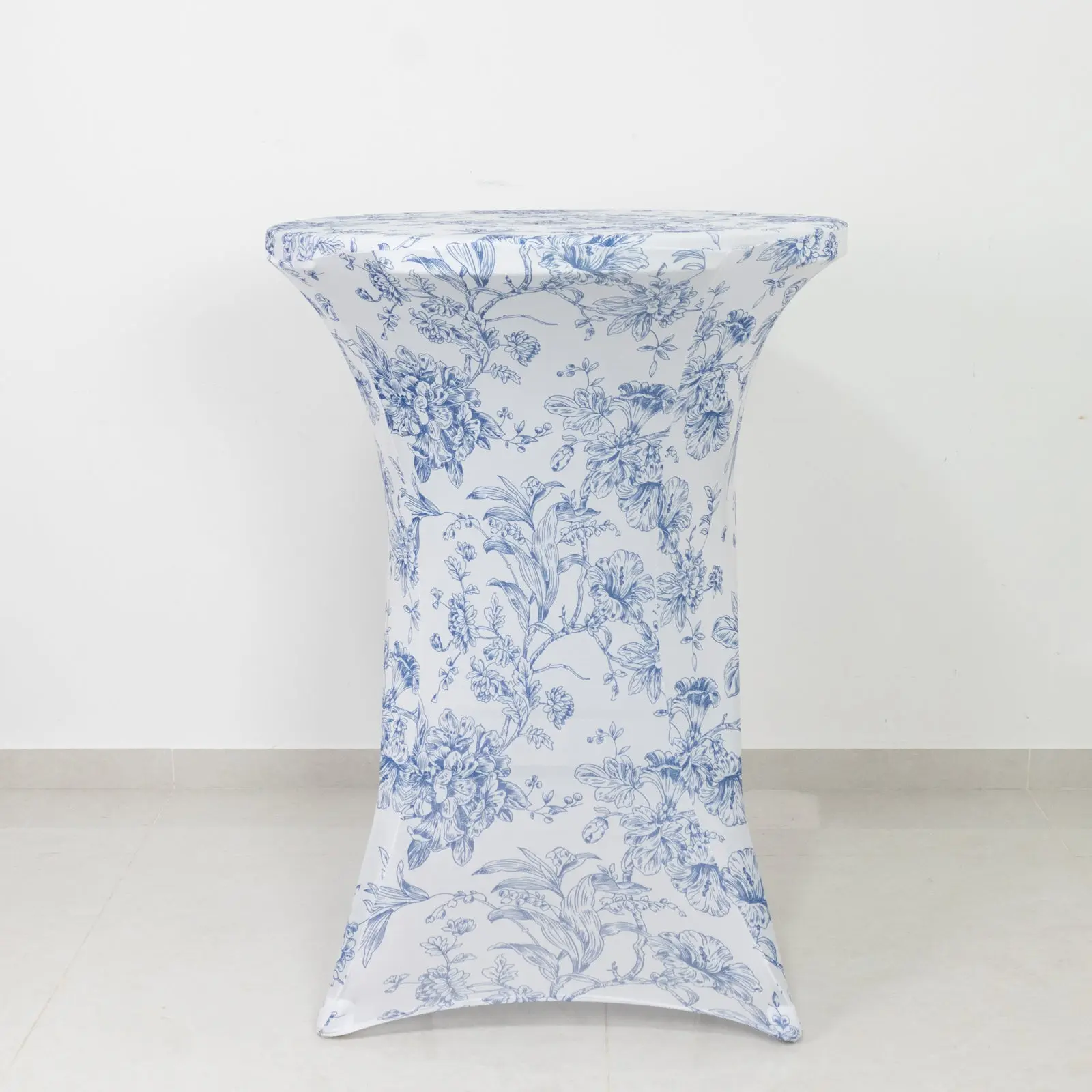 Spandex Cocktail Table Cover – Blue & White French Toile, 30" Round Highboy Stretch Fitted Tablecloth