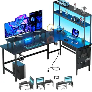 Ecofurnix,L Shaped Gaming Desk with LED Light & Power Outlet, 150 × 100 cm Reversible Computer Desk with Storage Shelves & Drawer & Bag, Corner Desks with Monitor Stand for Home Office, Black Adjustable Height Table