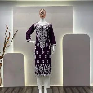 Designer Top With Palazzo 2pcs Suit in Wine Rayon With Cotton Thread Embroidery Chikankari Kurti Palazzo Set Suits for women. chikankari kurta set