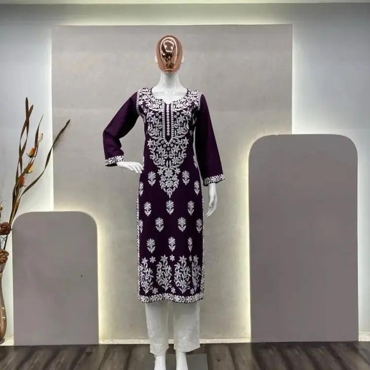Designer Top With Palazzo 2pcs Suit in Wine Rayon With Cotton Thread Embroidery Chikankari Kurti Palazzo Set Suits for women. chikankari kurta set