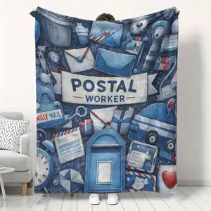 Postal Worker Appreciation Gift Blanket - Soft Blue Flannel Throw with Mail Truck & Mailbox Design - Cozy Bedding for Mail Carrier, Mailman, or Post Office Clerk