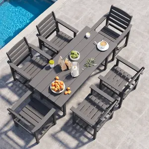 NAGA BAHNA7-Piece Patio Dining Table Sets, Outdoor HDPE Dining Furniture Set with Umbrella Hole Cut-Out Table and 6 Chairs, Blue adirondack chair set stackable chair porch furniture balcony  furniture Wicker Patio Conversation Furniture Set