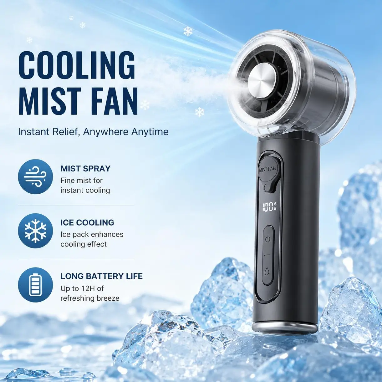 Y72 Portable Mini USB High-Speed Mist Fan - Built-in Li-ion 3000 mAh Battery, Ice Pack Cool Ice Compress, Level 1-100 (Up to 100 Levels), USB Port, 3.5H Use for Summer Commuting, Outdoor Activities