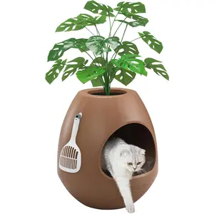 Eggloa6 Hidden Cat Litter Box with Artificial Plants - Egg-Shaped Enclosure Includes Scoop, Discreet Furniture for Home Decor, DIY Assembly Cat Litter Box Cabinet for Living Room (Coffee)