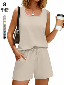 New Women's Two-Piece Set Casual Home Wear, Sleeveless Tank Top + Matching Shorts, Comfortable Lazy Lounge, Can Be Worn Outside