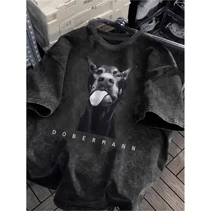 Women S Vintage Washed Doberman Graphic T Shirt Oversized Loose Fit Short Sleeve Round Neck Top with Dog Lettering and Print Casual Summer Spring Fall Dog Lover Fashion
