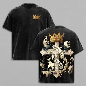 Long Live The King T-Shirt Gothic Cross Crown Raven Graphic Tee Vintage Streetwear Dark Aesthetic Washed Shirt
