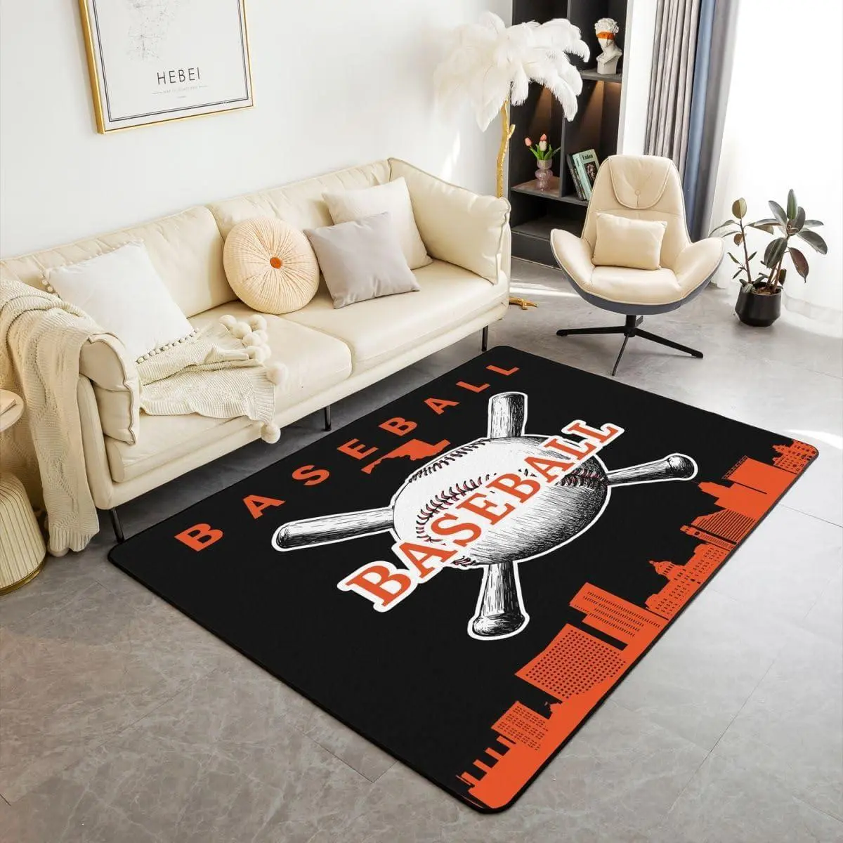 Baseball Indoor Floor Mat Softball Area Rug Bedroom Decor Sports Games Living Room Rugs Baseball City Decorative Carpet,Black Orange