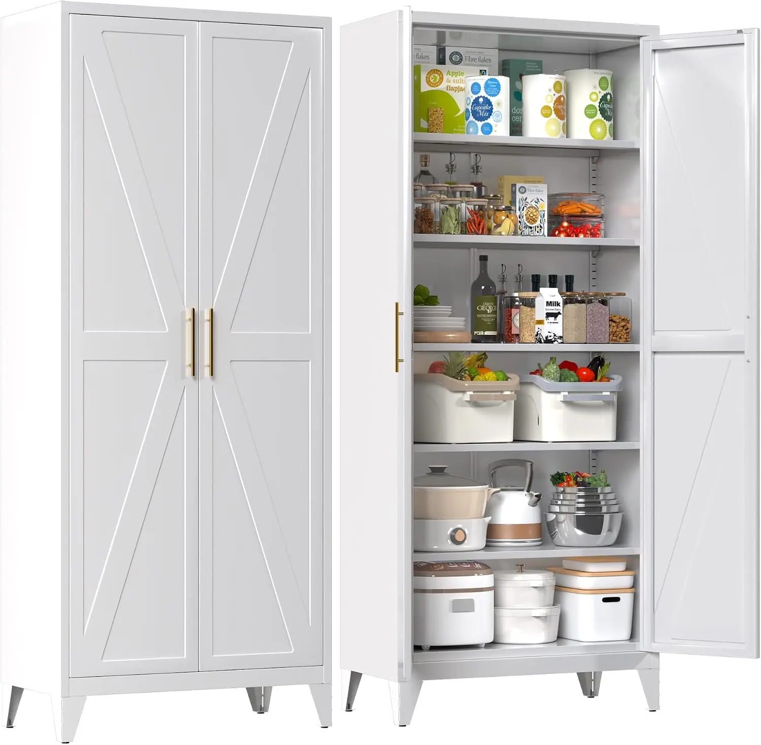 75" Tall Metal Pantry Cabinet, White Kitchen Storage Cupboard with 5 Adjustable Shelves, Heavy Duty Steel Food Organizer for Dining Room, Laundry Room, Living Room, Required Assembly
