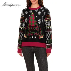 Women's Christmas Knit Sweater Long Sleeve Crewneck Snowflake Christmas Tree Print Casual Knitwear
