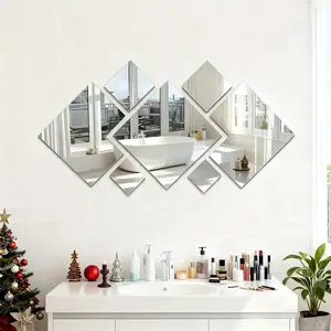 7pcs Diamond Square Self-Adhesive Acrylic Mirror Wall Stickers, Shatterproof Back Adhesive No Drilling Installation, High Definition for Bathroom Bedroom Living Room Decor Wall Decal
