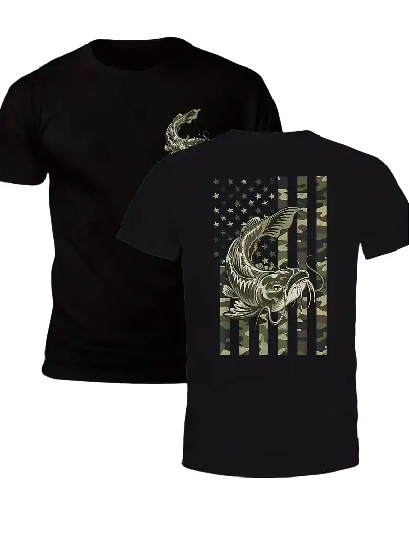 Mens Graphic Camo American Flag Catfish Fishing Double-Sided Cotton T-Shirt - Casual Classic Menswear Outdoor Patriotic Angler Tee,summerwins,father'sdaygifts