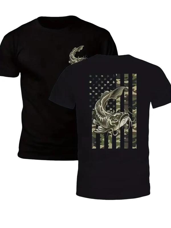 Men's Shortleeve Relaxed Fit Foldable Graphic Camo American Flag Catfish Fishing Double-Sided Cotton T-Shirt - Outdoor-Ready Patriotic Angler Casual Classic Menswear Tops