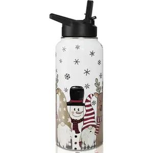 Insulated Christmas Water Bottle 32 oz, Snowman Reindeer Gnome Water Bottle with Straw, Reusable Leakproof Water Bottle Stainless Steel, Christmas Gifts for Women