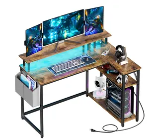 L-Shaped Desk with Power Outlets & Monitor Stand, 47 inch, Rustic Brown