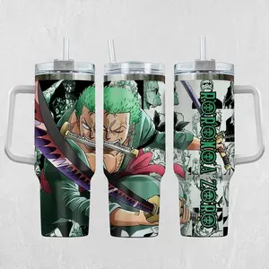 [One Piece] Roronoa Zoro Pirate Hunter Three Sword Style 20oz & 40oz Tumbler With Handle – Anime Gaming Style Stainless Steel Cup, Insulated Iced Coffee Travel Mug, Gift For Otaku & Anime Fans