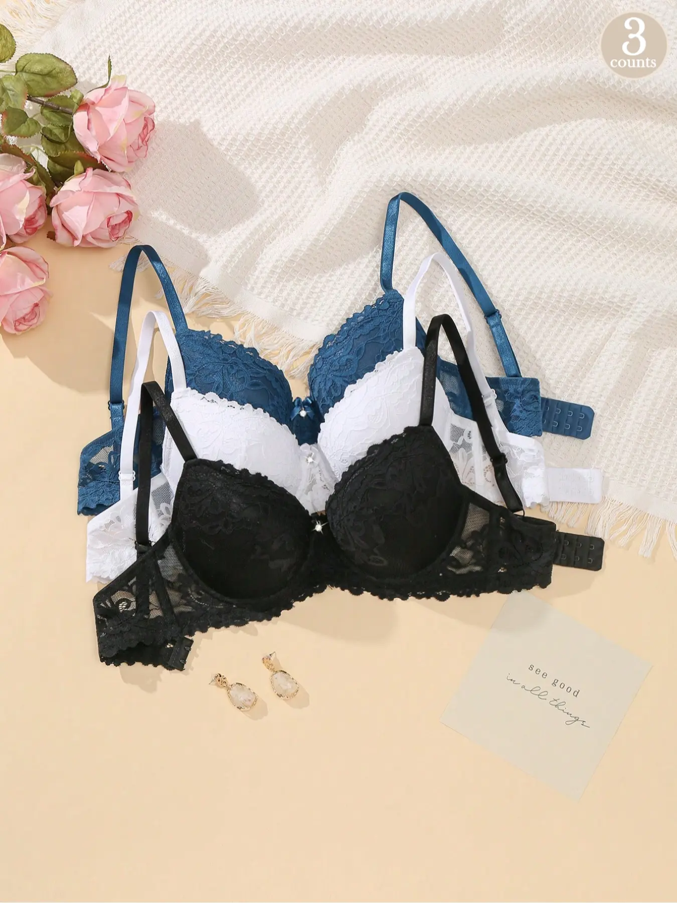 Women's Sexy Lace Underwire Bra, Underwear, Chic, Aesthetic, Buckle, Medium Support, Fitted Lining, Elegant Design, All Seasons Wear, Everyday, Daily Use, 3/4 Coverage