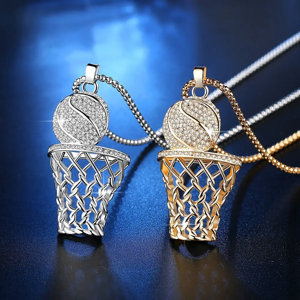 Unisex Exaggerated Basketball Hoop Pendant Necklace - Gold-Tone Alloy with Metal Coating, Sparkling Rhinestones, 60cm Bead Chain, Casual Happy Birthday Gifting Choker, Bold European-American Elegant Long Costume Jewelry, Neutral Wind, Bold, Exaggerated Je