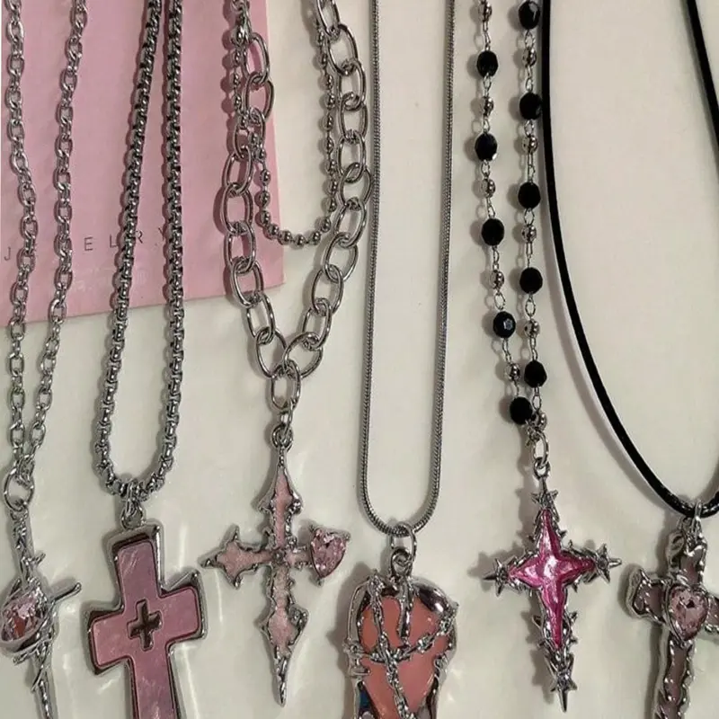 6-Piece Gothic Y2K Cross & Heart Pendant Necklace Set, Hip Hop Punk Fashion Accessories, Emo Witch Costume Jewelry for Women, Ideal Gift
