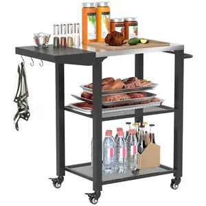 Outsunny Three-Shelf Outdoor Grill Cart Table with Foldable Side Table, Stainless Steel Tabletop, 22" x 16.1" Pizza Oven Stand with Hooks, Side Handle, Movable Food Prep Table on Wheels, Silver