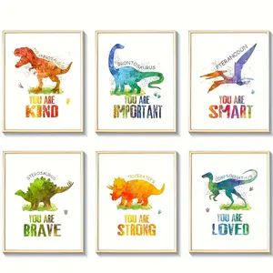 Dinosaur Pattern Unframed Painting, 6 Counts/set Watercolor Dinosaur Canvas Painting, Wall Art Painting, Wall Decor for Home Living Room Bedroom
