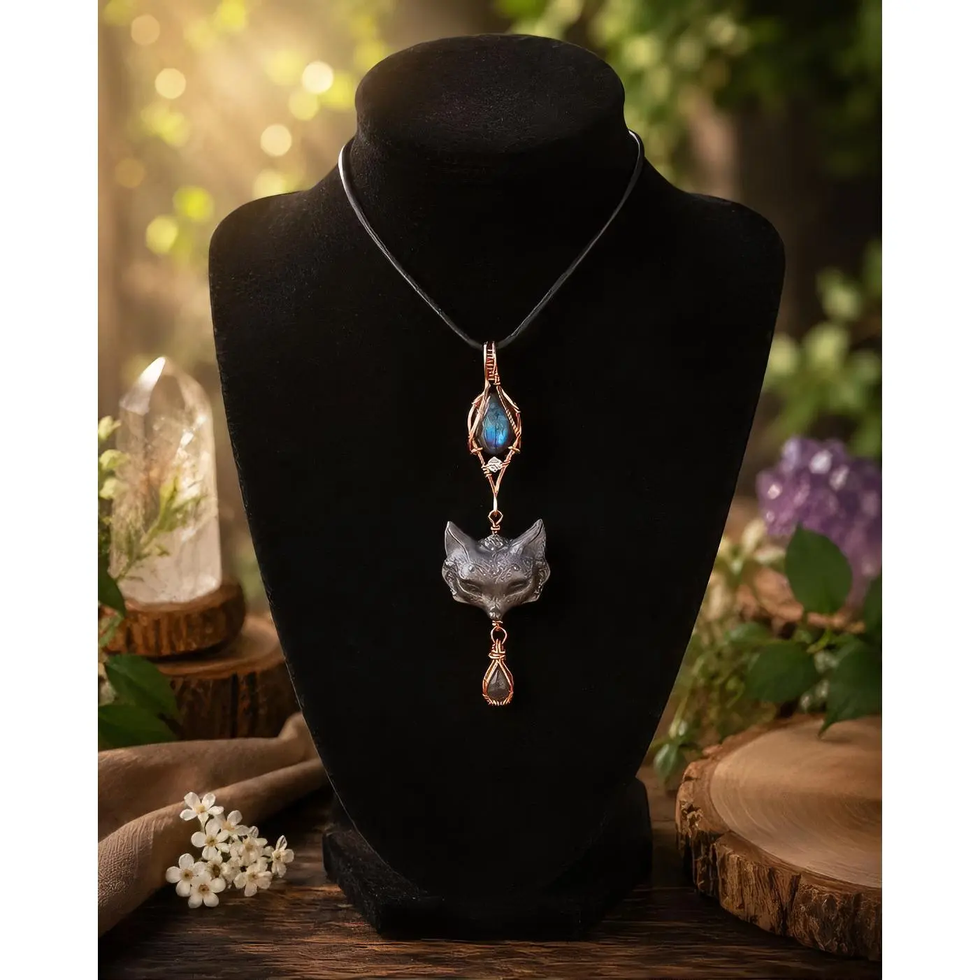 Handmade One-of-a-kind Silver Obsidian Fox Dangle pendant.