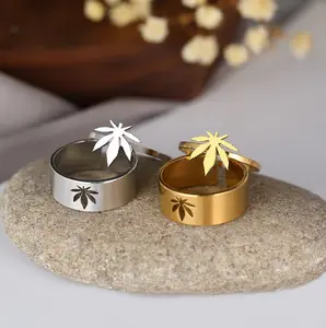 2PC Stainless Steel Classic Maple Leaf Adjustable Fashion Ring (Size 6.5-9)